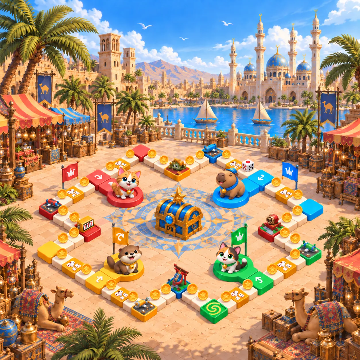 The Fast Ludo board: a four-color track around a desert bazaar square