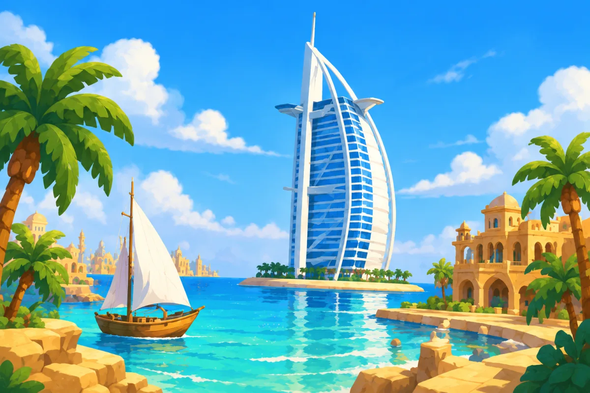 A sail-shaped tower by the sea