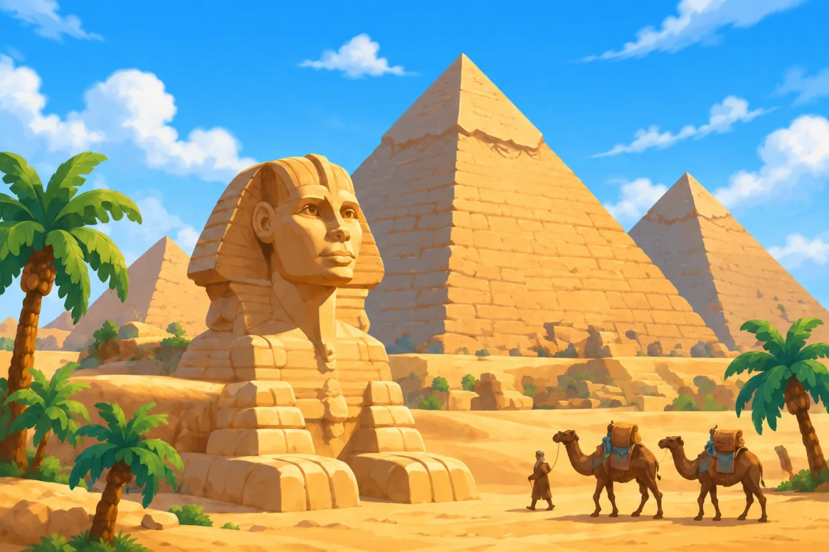 Pyramids and a sphinx in the desert
