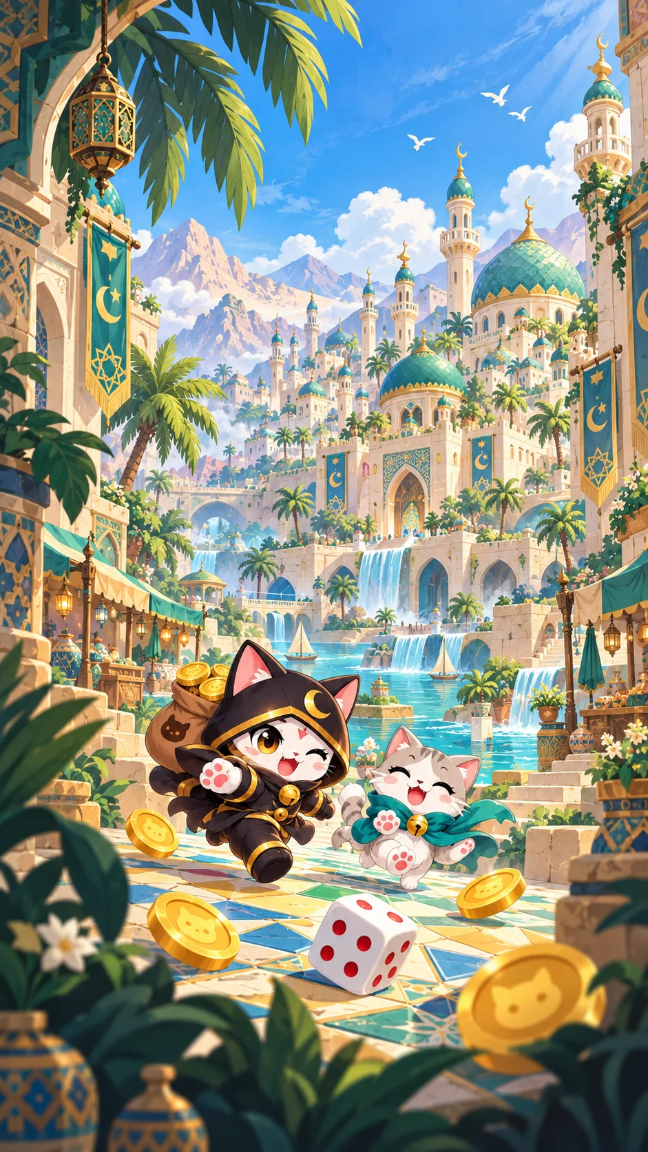 Two cats running through a desert city with a bag of gold coins and a dice